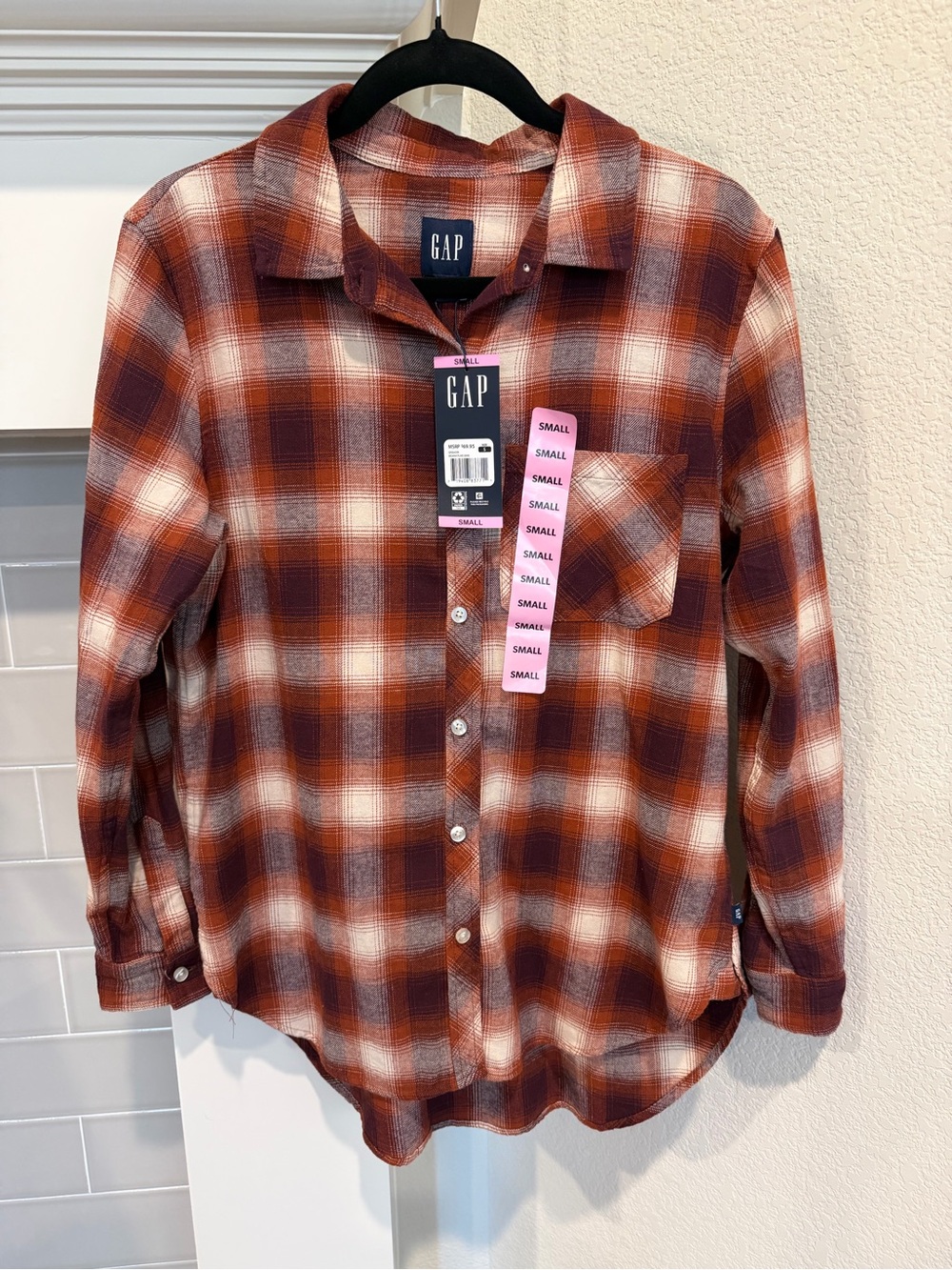 GAP Women's Rust and Cream Plaid Button-Down Shirt